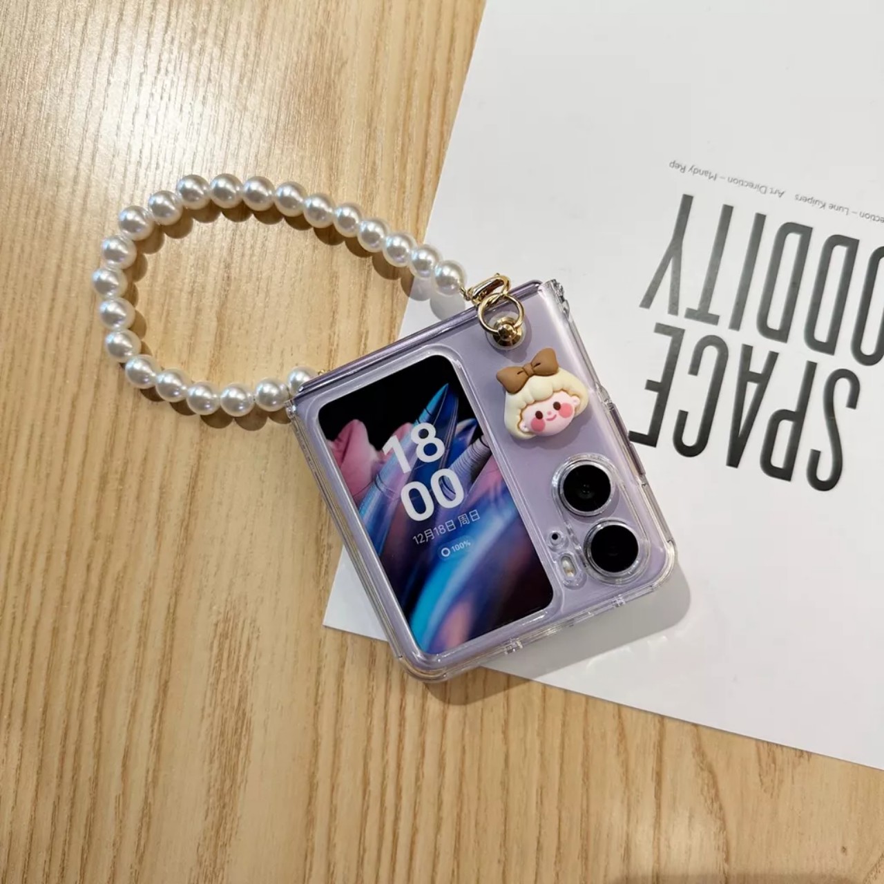 Ốp điện thoại cho OPPO Find N2 Flip trong suốt chống sốc đính charm kèm dây đeo ngắn dài siêu dễ thương