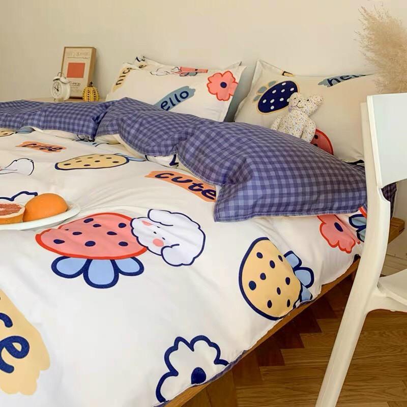 Bộ vỏ chăn ga gối cotton poly M2T bedding dâu chấm bi chăn ga Hàn Quốc đủ size miễn phí bo chun