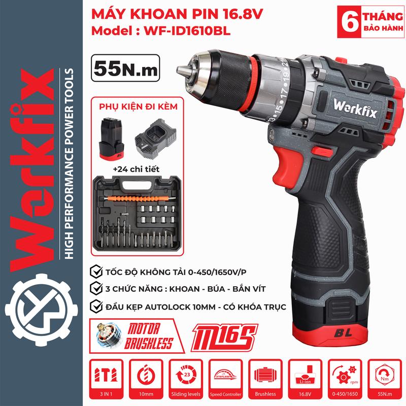 [ TẶNG phụ kiện 24 món] Máy Khoan 3 Chức Năng Workfix 16.8V - WF-ID1610BL - Động Cơ Từ Cao Cấp - 2 Pin 4 Cell  16.8V/2Ah
