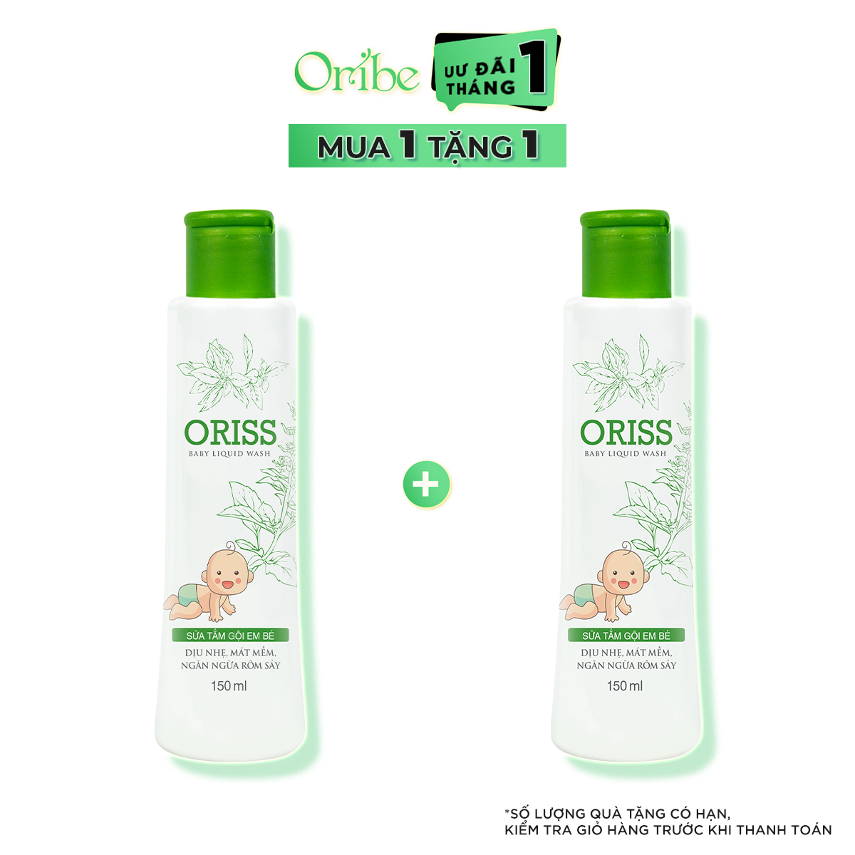 Sữa Tắm Gội Hằng Ngày Cho Bé Dịu Nhẹ Không Cay Mắt hỗ trợ Trị Rôm Sẩy  Oriss Baby (chai 150ml)