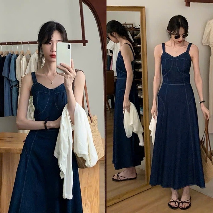 SET ĐẦM MIDI YẾM SUÔNG TRƠN DÀI 2 DÂY XÒE CỔ U JEANS DENIM MAXI + ÁO SƠ MI RỘNG NGẮN TAY DẠO PHỐ ĐI CHƠI ĐI BIỂN ĐI TIỆC