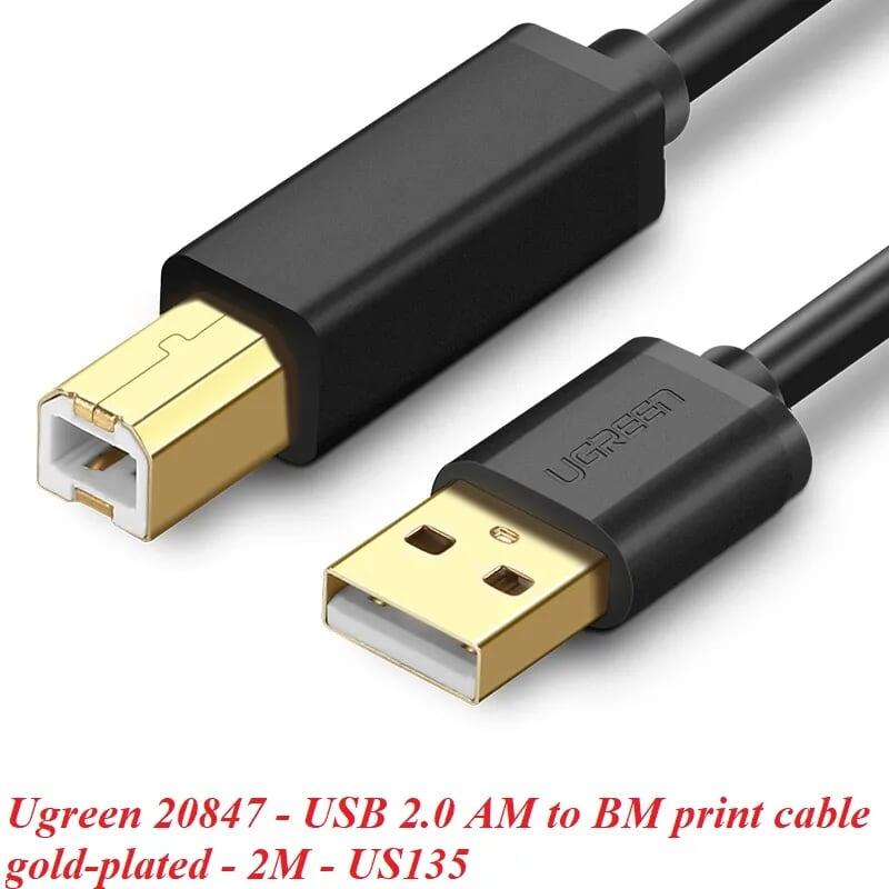 Ugreen 20847 2M màu Đen Cáp USB 2.0 sang USB B máy in đầu mạ vàng Ugreen US135 - Hàng Chính Hãng