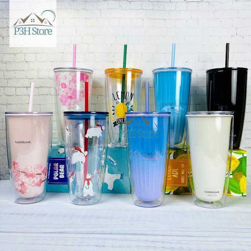 Ly nhựa 2 lớp 750ml Lock&Lock có ống hút HAP507 HAP509 HAP522