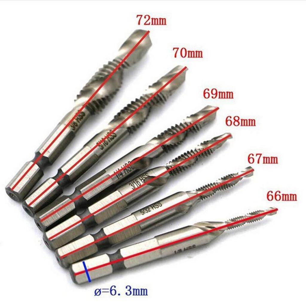 HSS 6542 Combination Drill Tap Bit Set Fractional inch 1/8'', 5/32", 3/16", 1/4", 5/16", 3/8" with 1/4” Hex Shank Spiral Flute Tapping Tool