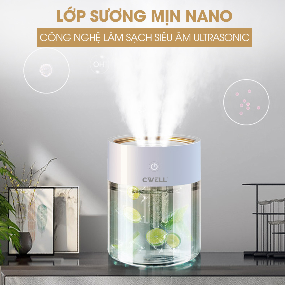 Máy phun sương mini CWELL tích hợp đèn Led nhiều màu, phun sương tạo ẩm không khí dung tích lớn 2L