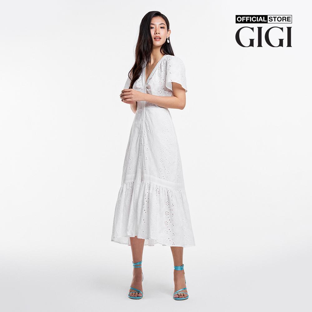 GIGI - Đầm xếp tầng midi cổ V tay ngắn phối nút hiện đại G2102D233185