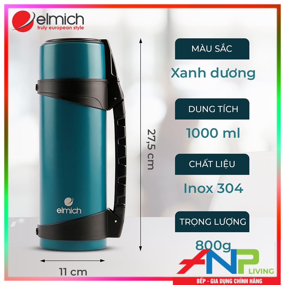 Phích Giữ Nhiệt 3 lớp, Inox 304 Tráng bạc Elmich EL-8009 (Mầu Xanh Dương - Dung tích 1000ml / Giữ Nóng 8h - Giữ Lạnh 12h) - Hàng Chính Hãng