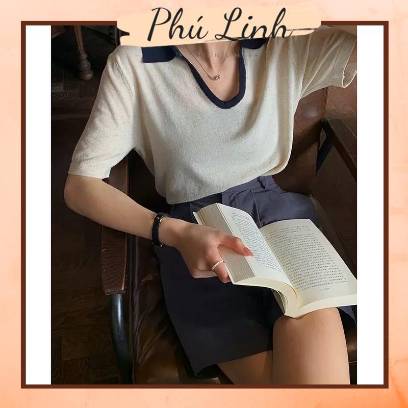 MS670 Áo polo len dệt kim cổ bẻ chữ V phối màu