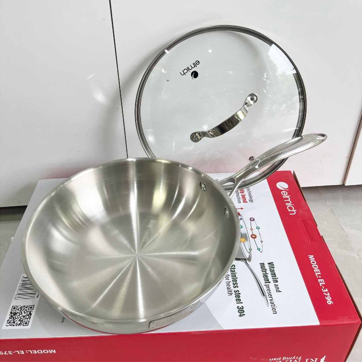 Chảo Inox 304 Cao Cấp 3 Lớp Đáy Liền Elmich Trimax kèm vung kính - Hàng chính hãng