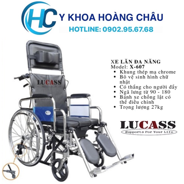 Xe Lăn Nằm Đa Năng, Bô Vuông, Đệm Simili, Có Thắng, 2 Bánh Chống Lật Lucass X-607( Xe lăn Lucass X607 ) (Tiêu Chuẩn Mỹ)