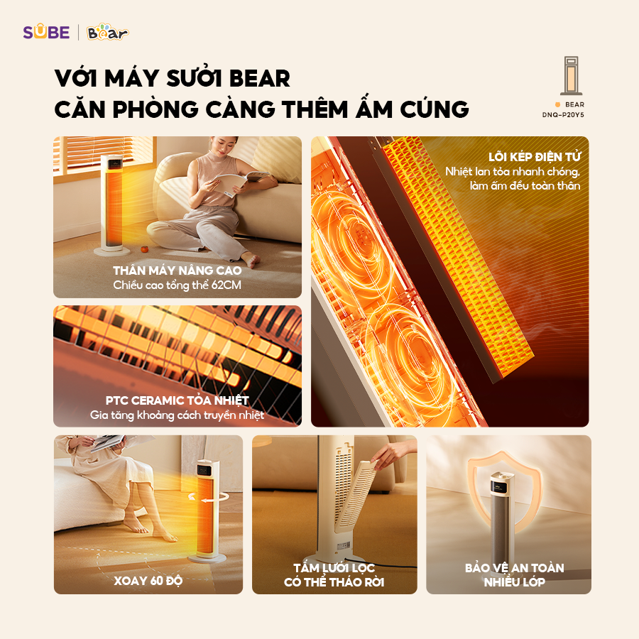 Quạt Sưởi Bear Máy Sưởi Gốm Quạt Sưởi Đứng Làm Ấm Không Khô Da Xoay 90 Độ Không Gây Ồn Tiết Kiệm Điện DNQ - P20Y5 - Hàng Chính Hãng
