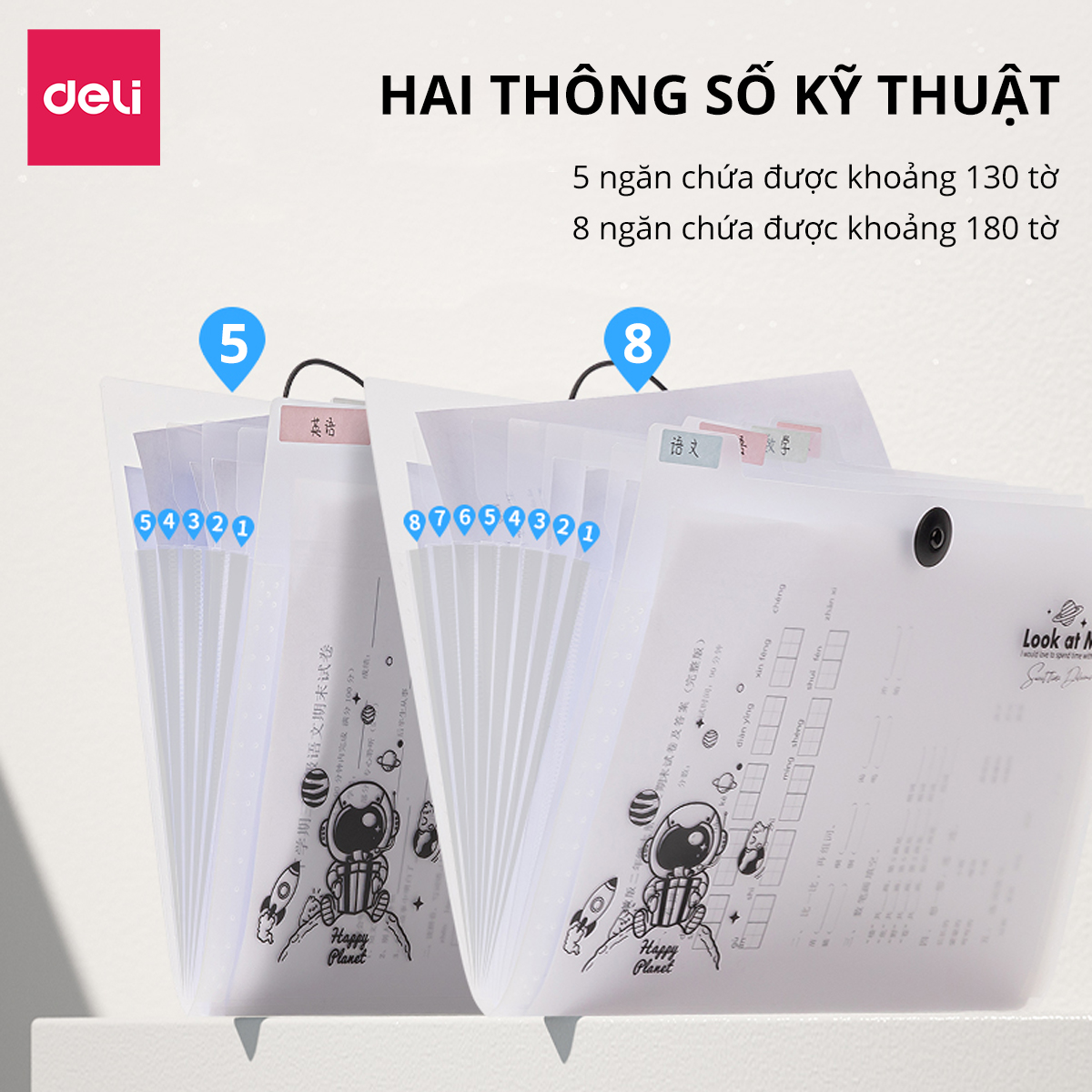 Cặp đựng tài liệu 5 ngăn/8 ngăn trong suốt A4 Deli File Đựng Tài Liệu Hồ Sơ, Túi Hồ Sơ Văn Phòng, File Lưu Trữ Đa Năng Trong Suốt Phi Hành Gia - có Nhãn dán đính kèm