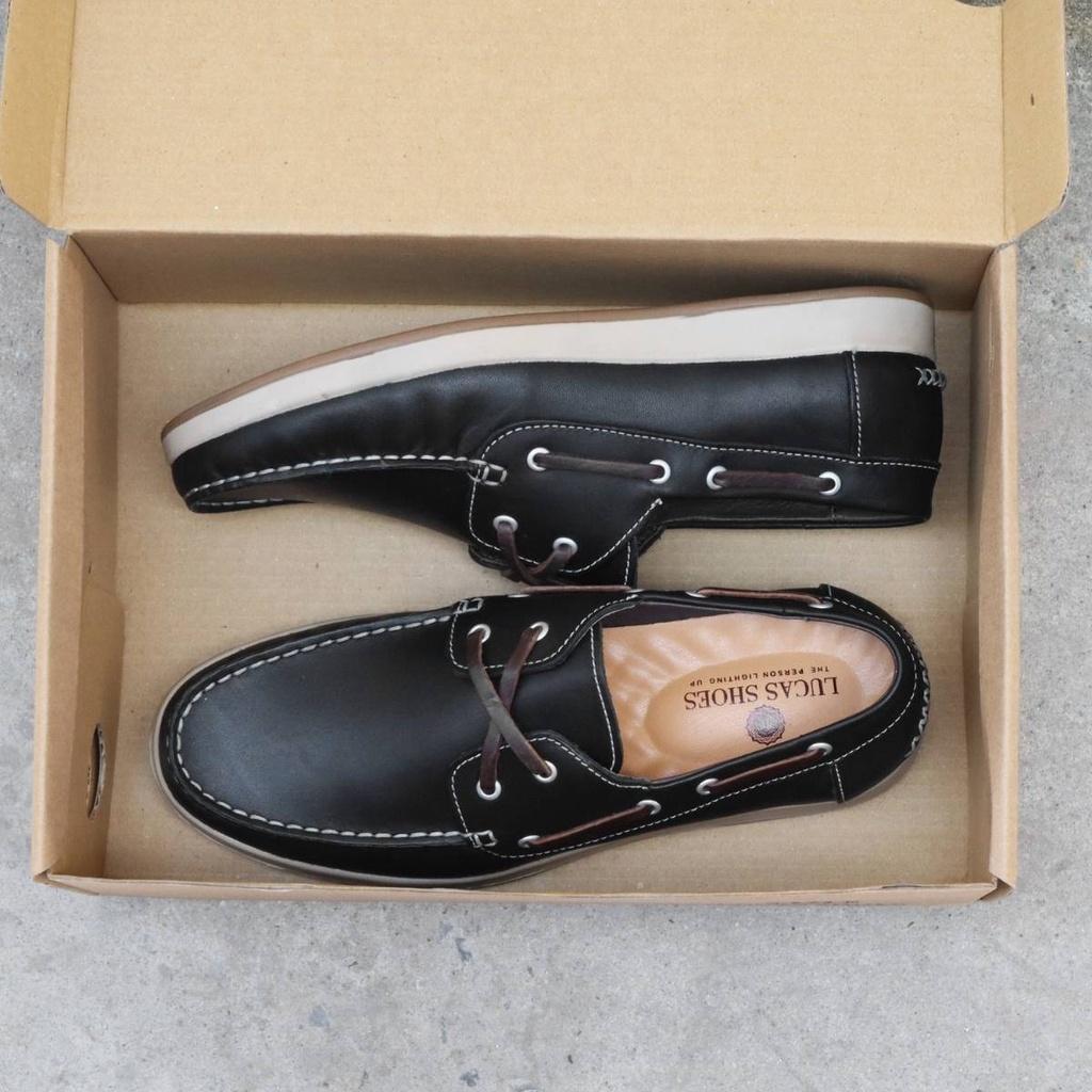 Giày da nam Boat Shoes Đen da bò đen cao cấp Hanmade, Lucas Shoes