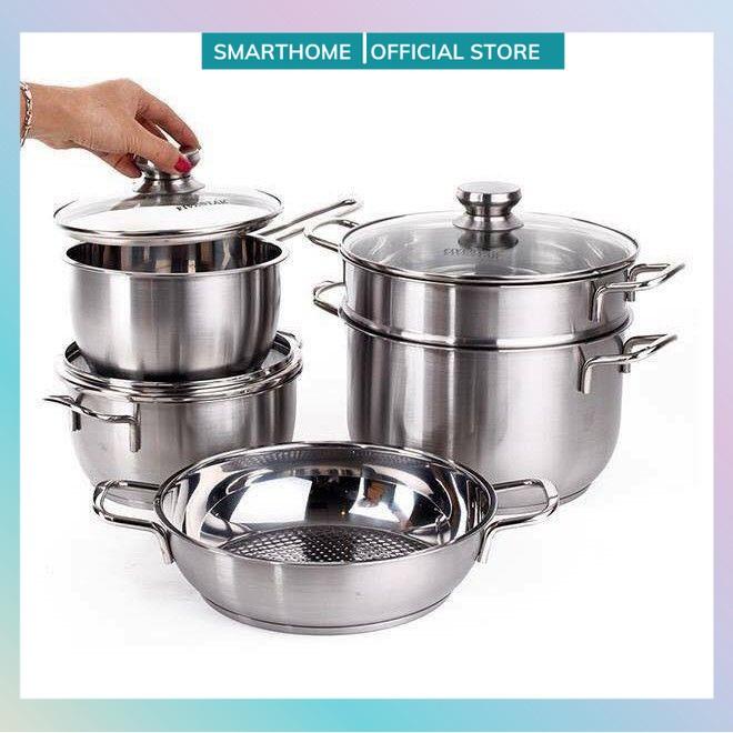 Bộ nồi inox Fivestar 5 chiếc 3 đáy nắp kính