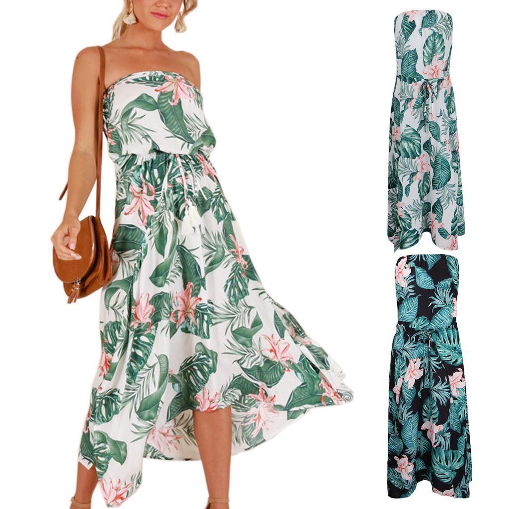Women's Summer Strapless Floral Print Boho Tube Wrap Chest Beachwear Dress