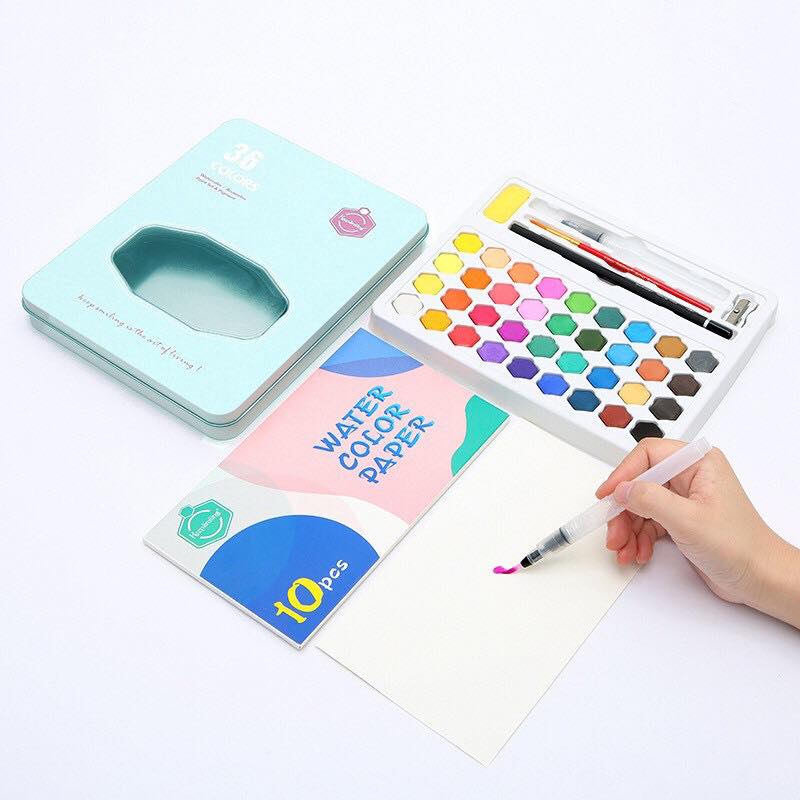 Bộ 36 Màu Nước Keep Smiling Cao Cấp Kèm Bút Nước, Bút Lông, Bút Chì, Gọt Chì, Miếng Mút