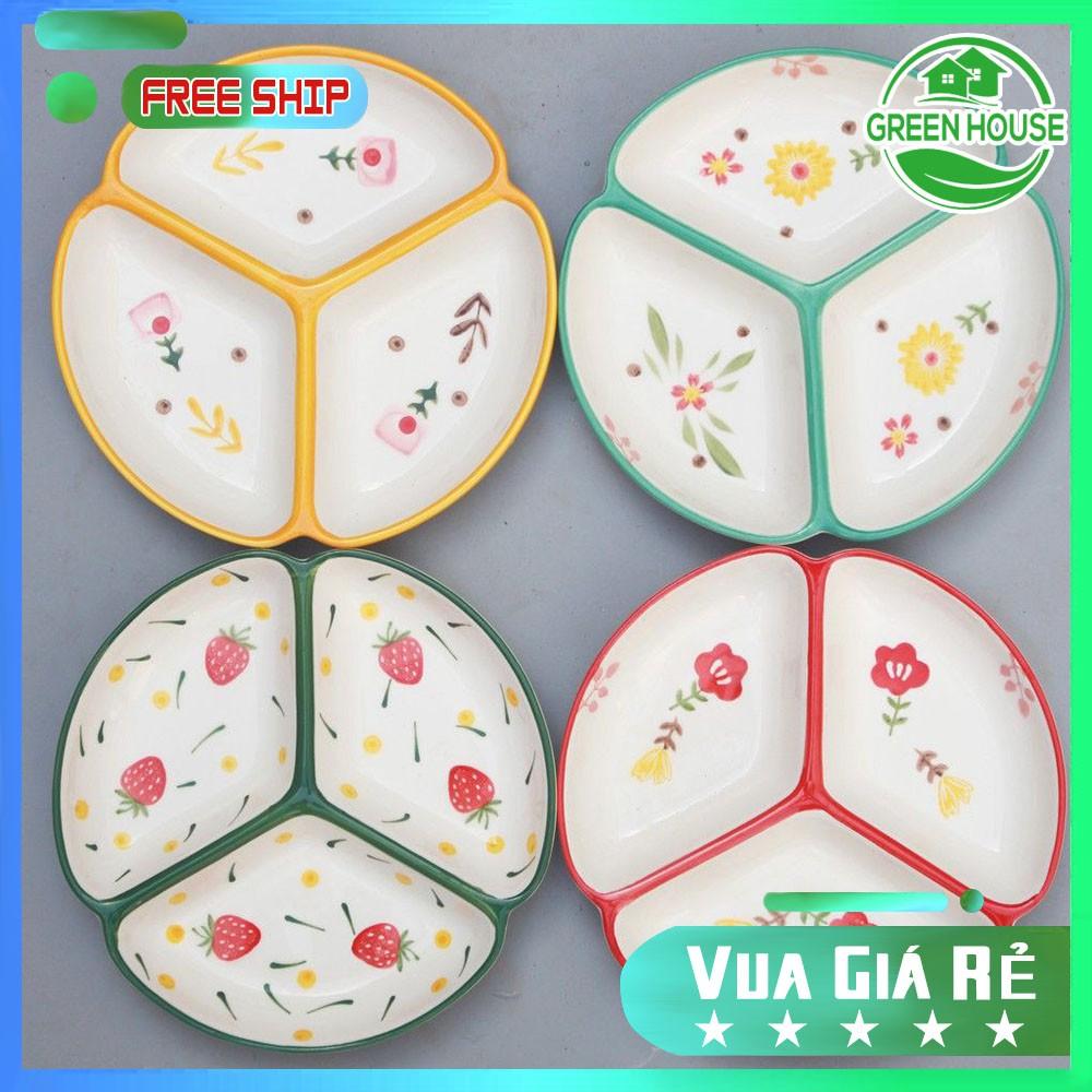 Green House - Đĩa Sứ 3 Ngăn, Đĩa sứ dùng để ăn cơm đựng thức ăn decor trang trí