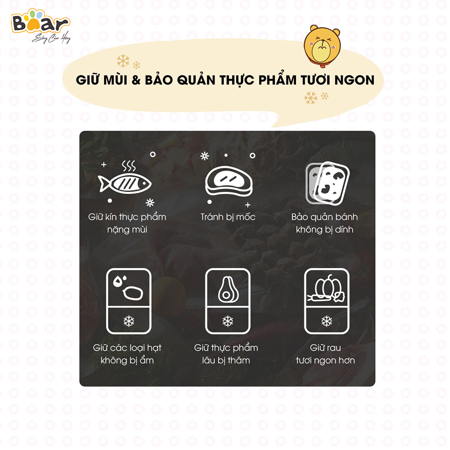 [Hàng Chính Hãng]Máy hút chân không thực phẩm Bear VS-B01V1 màu trắng công suất 130W. Lực hút mạnh, áp suất 70KPA, hút được 8L/phút. Từ đó, thực phẩm sẽ được bảo quản lên đến 2 tuần trong ngăn mát - 2 tháng trong ngăn đông đá