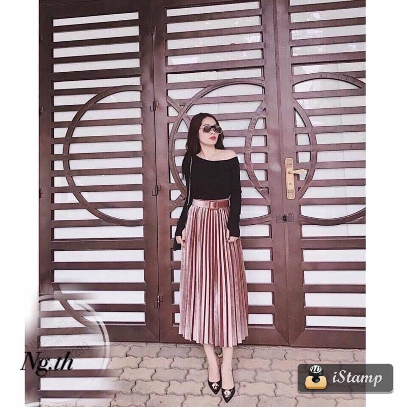 Chân váy xếp li nhung kèm đai