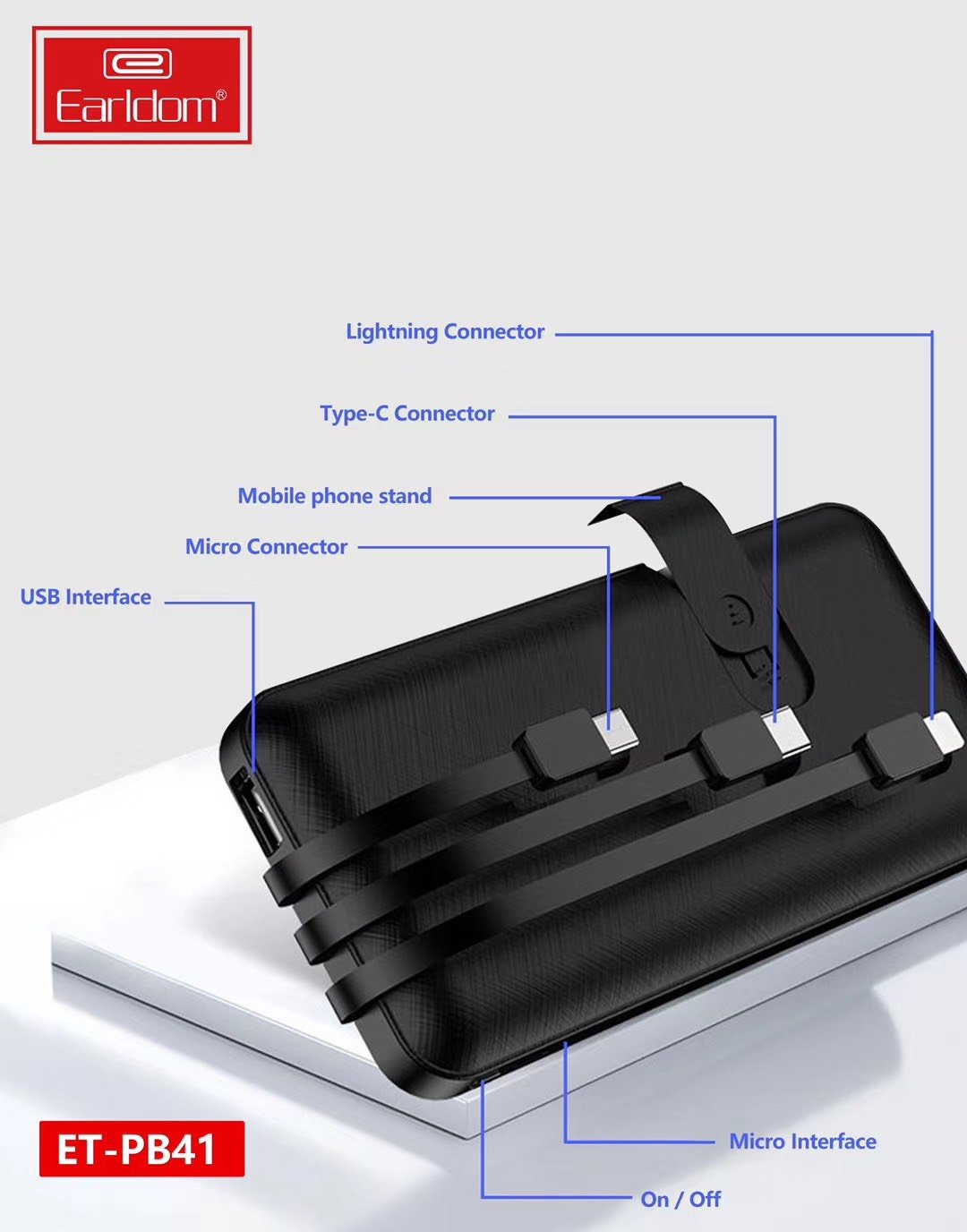 Pin Sạc dự phòng Earldom PB-41 kèm giá đỡ, dung lượng 10.000 mAh gắn cáp 3 đầu tiện lợi, hỗ trợ sạc nhanh 2.1A cho 3 cổng Lightning/TypeC, Micro – hàng chính hãng