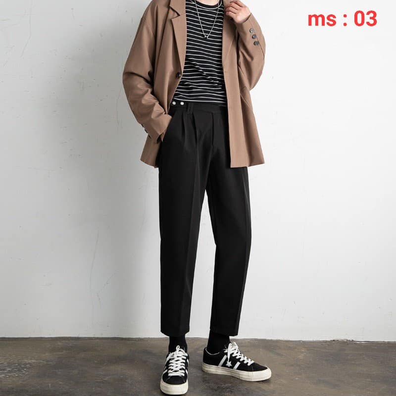 Quần Baggy Nam Tây Âu Vải Kaki Ống Côn Dáng Suông Nút Giữa Lưng Chun 1 Bên Co Giãn Dễ Mặc