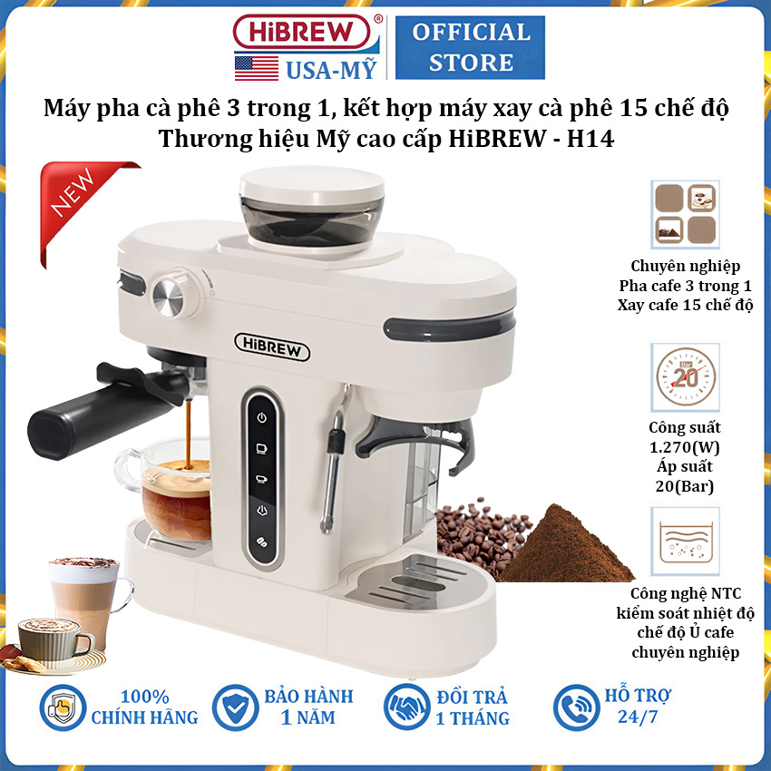 Máy pha cà phê bán tự động kiêm xay cà phê 15 chế độ Espresso, Cappuccino, Latte thương hiệu Mỹ cao cấp HiBREW H14 - Hàng Nhập Khẩu