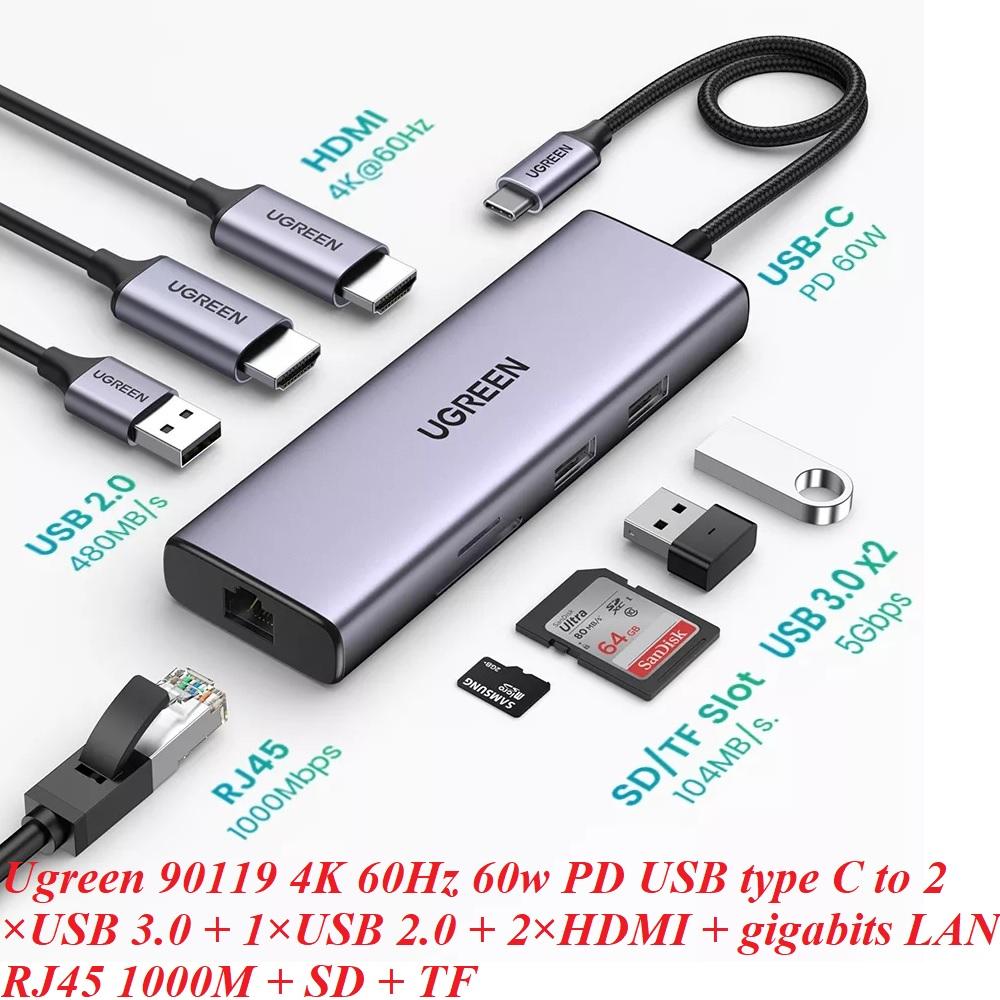 Ugreen UG90119CM490TK 4K 60Hz 60w PD Type C sang 2×USB 3.0 + 1×USB 2.0 + 2×HDMI + gigabits LAN RJ45 1000M + SD + TF Bộ chuyển đổi - HÀNG CHÍNH HÃNG