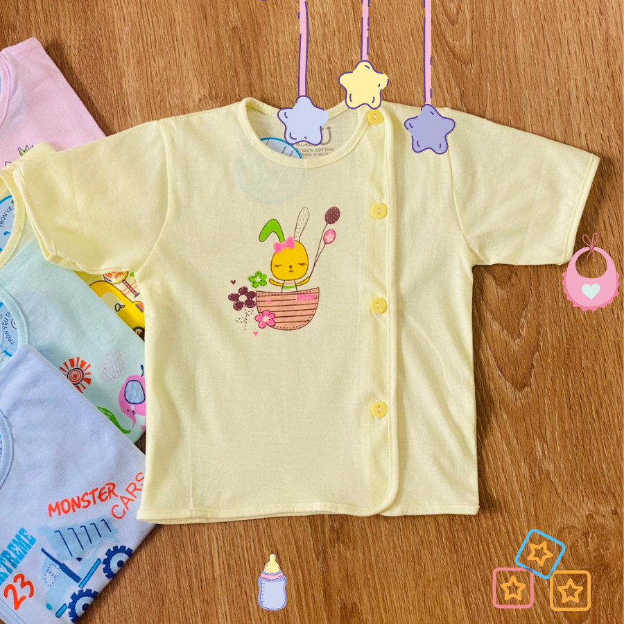 COMBO 5 Áo sơ sinh cotton J-FR GGY | Mẫu Tay NGẮN Cài Lệch Màu | Size 1 -3 cho bé sơ sinh -9 kg