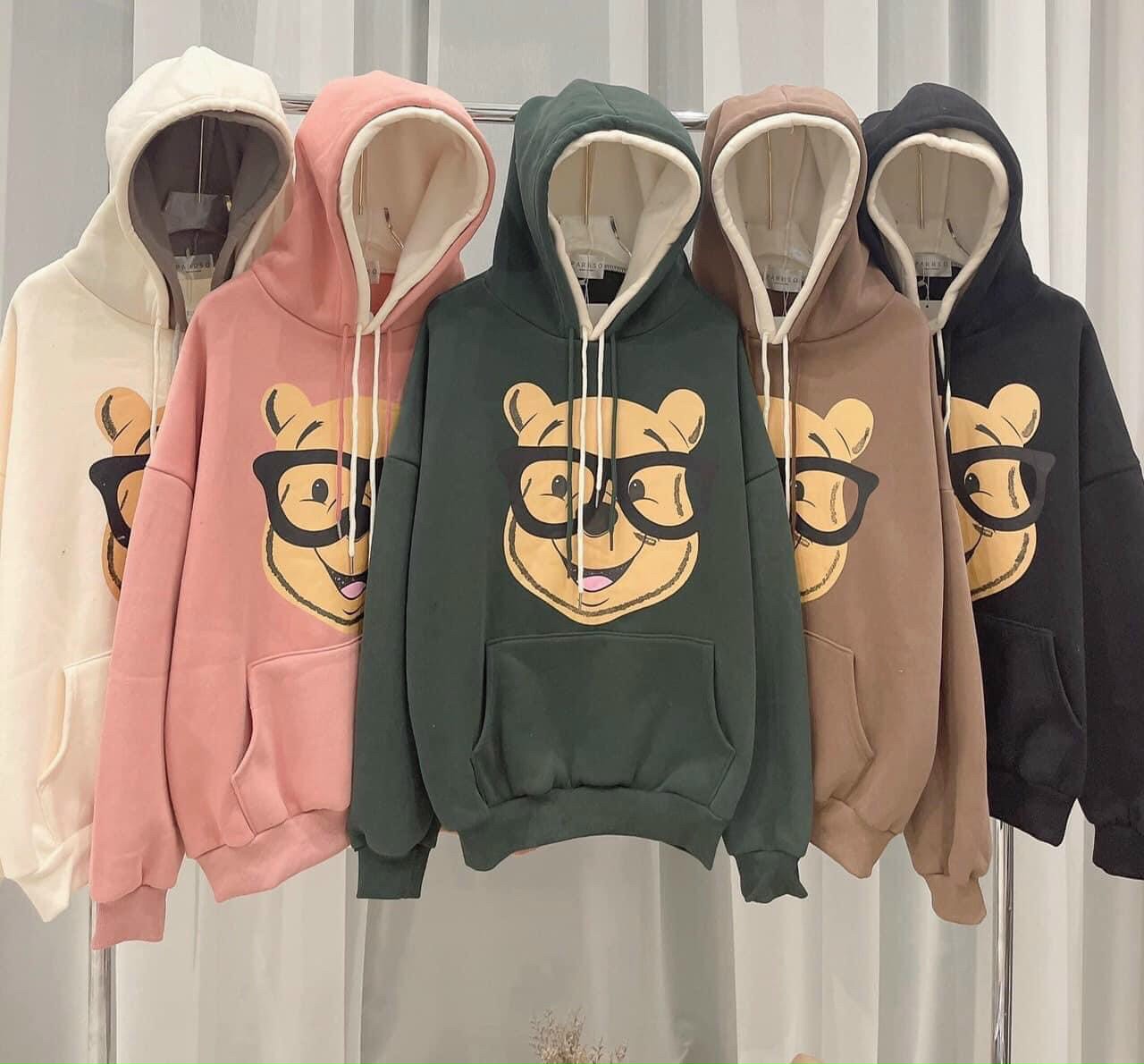 Áo Hodies Nỉ 2 lớp Mũ, Áo hoodie logo in gấu đeo kính form dưới 70kg, áo khoác hoodie nam nữ nón to rộng 2 lớp unisex ulzzang phong cách đường phố cá tính chống nắng tốt tránh mưa