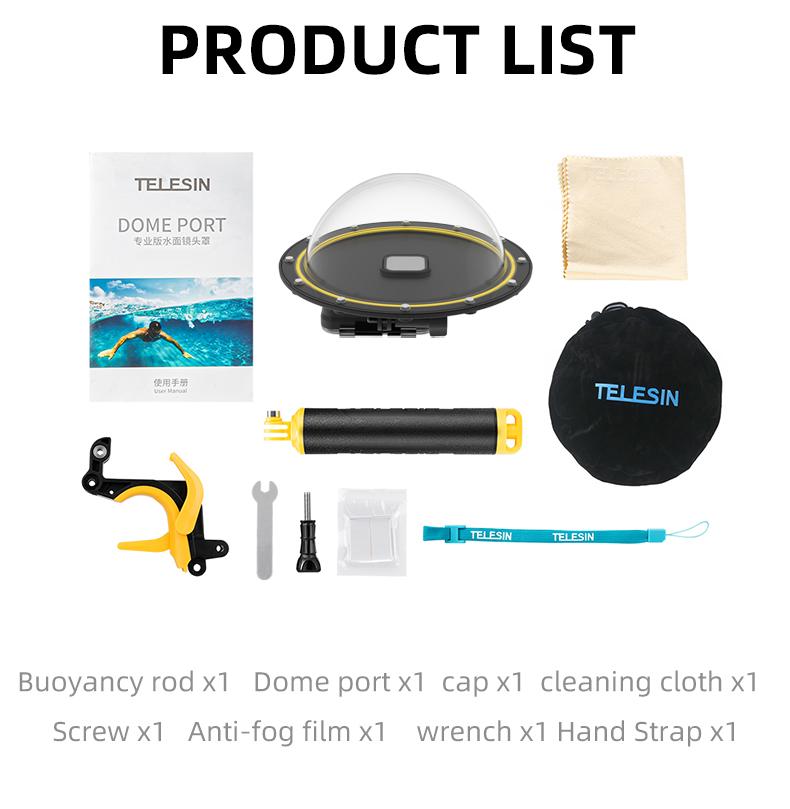 Telesin 30m không thấm nước 6 '' Cổng mái vòm dưới nước với kích hoạt tay cầm nổi cho GoPro Hero 11 10 9 8 7 6 5 Đen