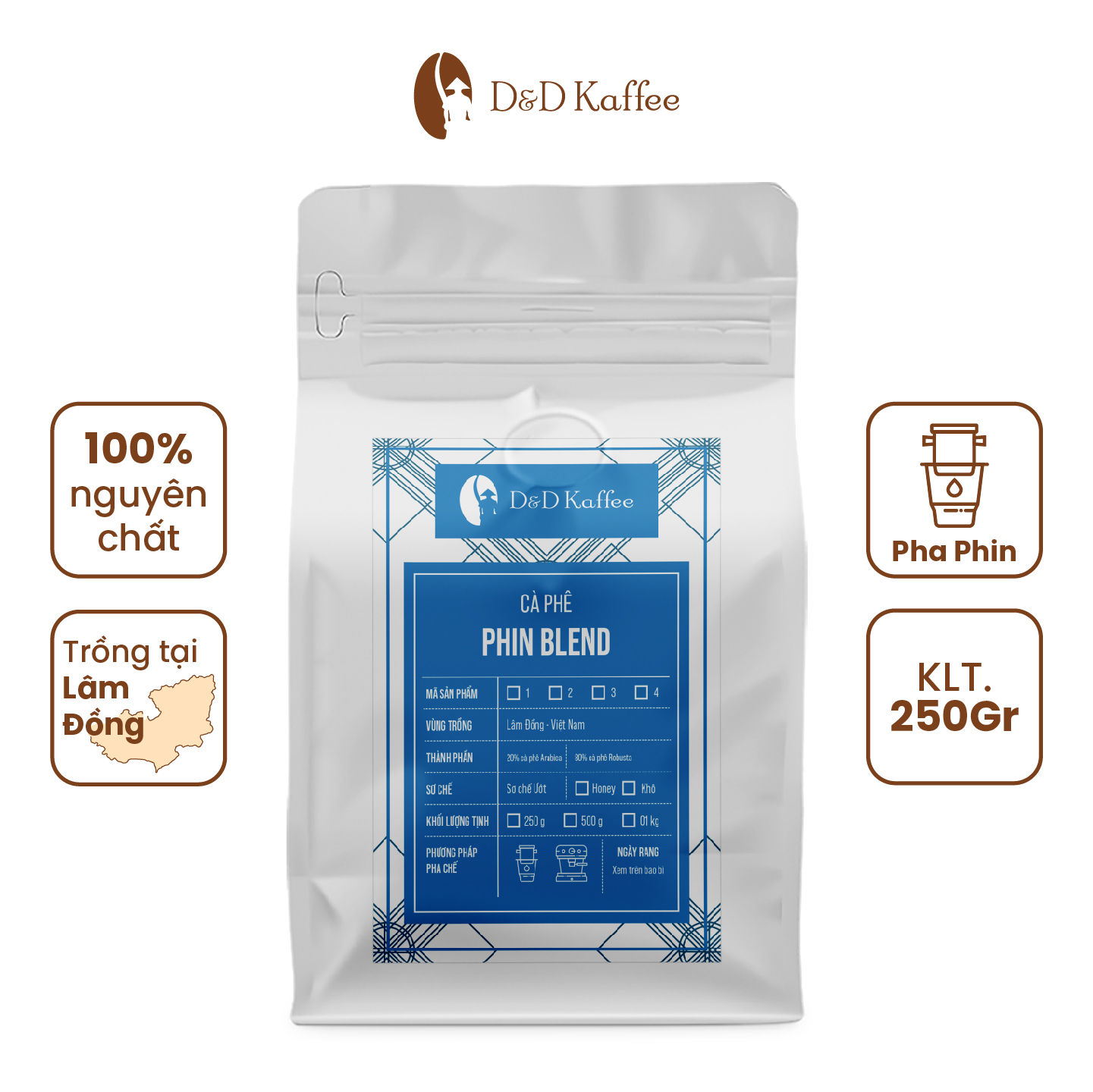 Cà phê Phin Blend, Cà phê nguyên chất 100% rang mộc, gói 250gr, D&amp;D Kaffee