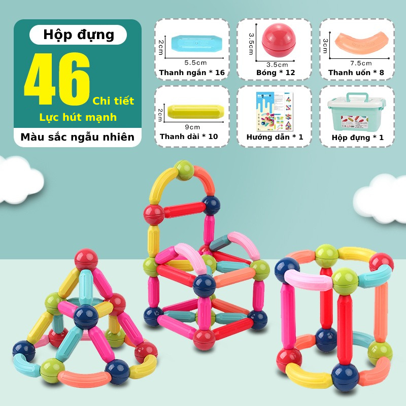 Đồ chơi que từ tính nam châm tròn 67 chi tiết EASYTOYS lắp ráp xếp hình khối xây dựng