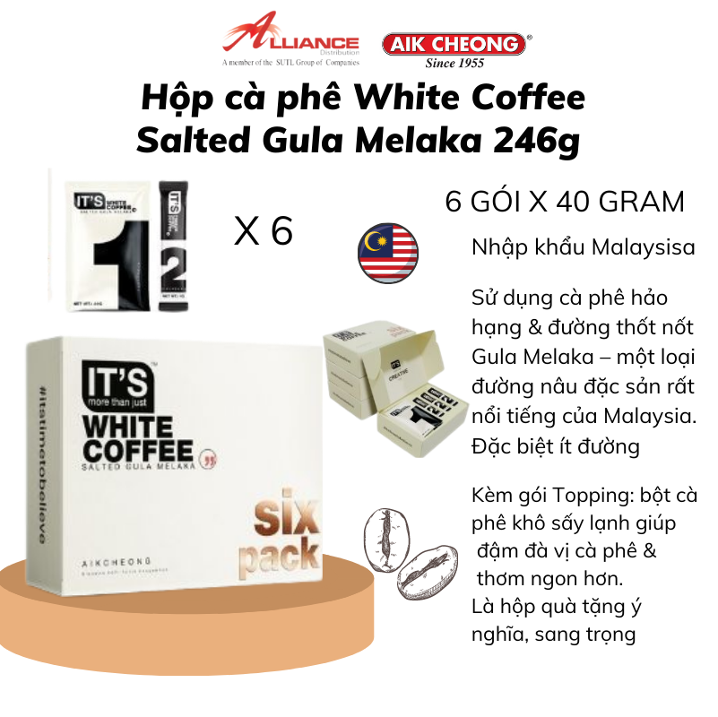[Chính hãng - Sản Phẩm Mới] Hộp cà phê White Coffee Salted Gula Melaka 246g (6 Gói x 40g)- nhập khẩu từ Malaysia