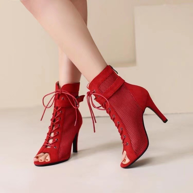 [ 3 màu size 35- 40] Giày boot lưới nữ cổ ngắn CỘT DÂY ôm chân màu đen/ đỏ/ kem gót nhọn 10cm GBN129