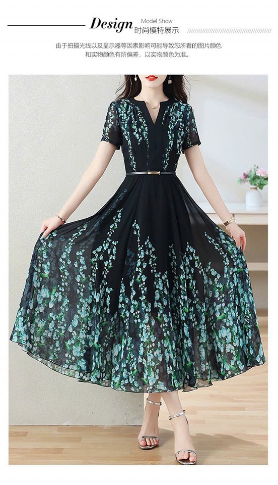 [HÀNG NHẬP] ĐẦM MAXI HOA CỔ V KÈM BEFT