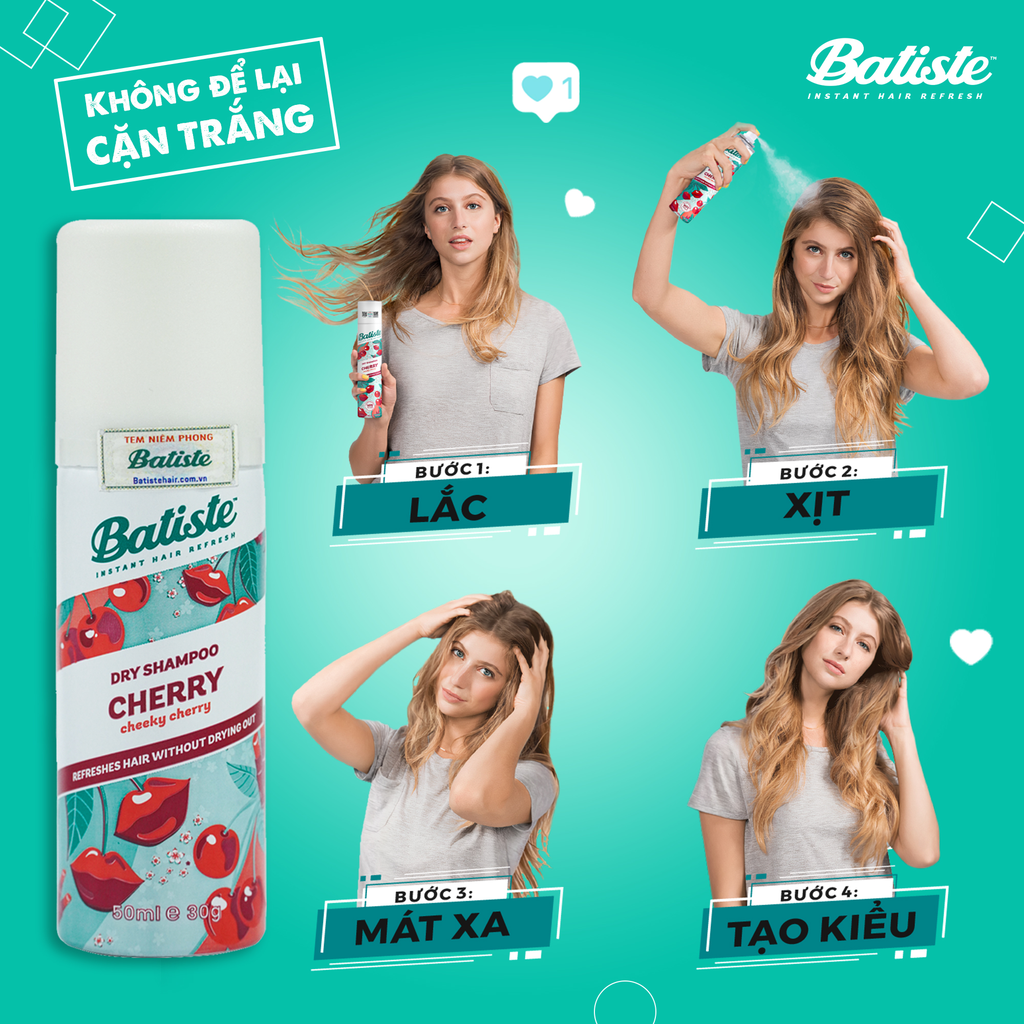 Dầu Gội Khô Hương Anh Đào - Batiste Dry Shampoo Fruity &amp; Cheeky Cherry 50ml