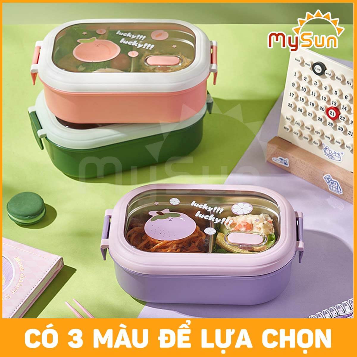 Hộp đựng cơm chia 2 NGĂN giữ nhiệt mini cute bằng nhựa - inox cho bé đi học, cho mẹ đi làm văn phòng MySun