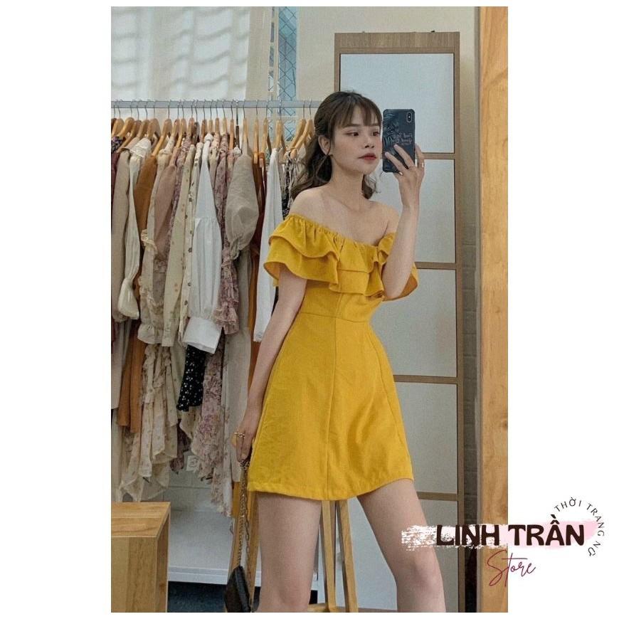 Đầm Midi Trễ Vai Linen Vàng Váy Xòe Vai Bèo Linh Trần Store