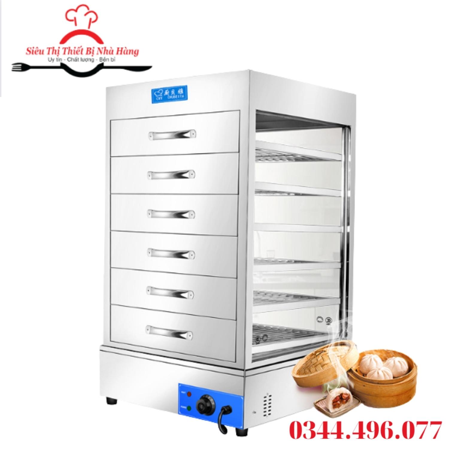 Tủ hấp nóng và trưng bày bánh bao dùng điện loại 7 tầng inox chắc chắn, không bị hấp hơi , đọng nước