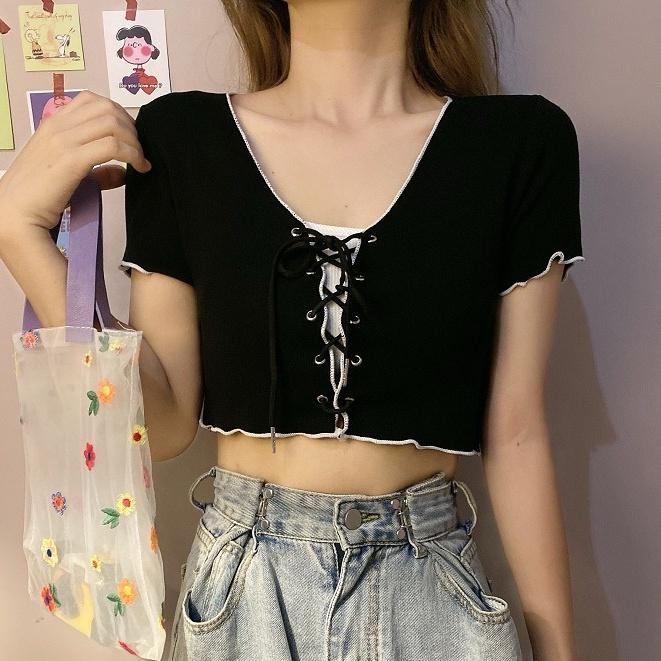 Áo croptop kiểu nữ tay ngắn phong cách Hàn quốc thiết kế đan dây trước ngực- AO081