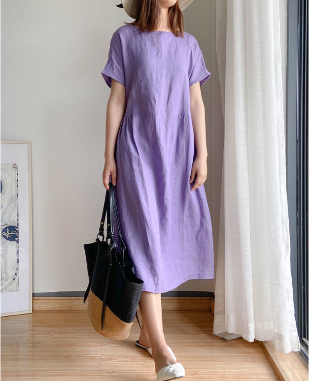 Đầm Linen suông cổ tròn ngắn tay, form suông dài trơn chất liệu linen mềm mát, dễ chịu khi mặc Đũi Việt