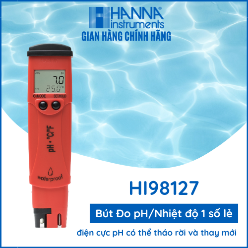 Bút đo PH &amp; Nhiệt Độ Trực Tiếp Trong Nước Từ 0.0 - 14.0 pH Với Độ Phân Giải 0.1 Và Điện Cực pH Có Thể Tháo Rời Và Thay Thế Khi Cần - Hanna - HI98127, tặng kèm gói dung dịch để hiệu chuẩn, rửa, bảo quản,điện cực, để kiểm tra nước hồ cá, nước sạch, nước cấp