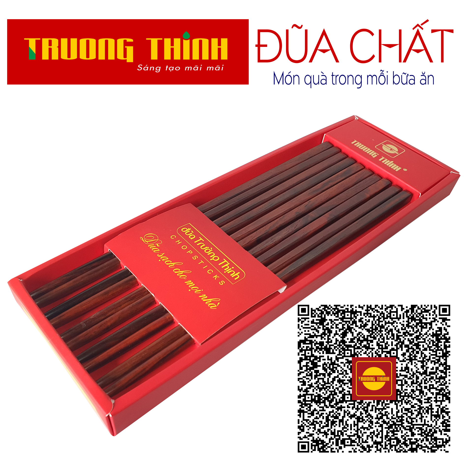 Đũa Gỗ Trắc Đỏ Cao Cấp Trường Thịnh Loại Đặc Biệt/ Hộp Màu Đỏ/ 10 Đôi Vuông Trơn