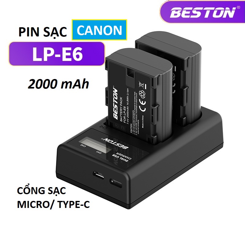 Bộ Pin LP-E6 2000mAh + Sạc Beston Dùng Cho Máy Ảnh Canon EOS 60D 70D 80D 90D 6D 7D 5D Mark IV 5DSR - Hàng nhập khẩu