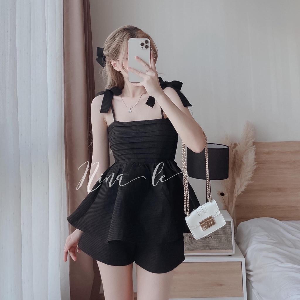 Set Áo 2 Dây Buộc Nơ trắng đen be hồng cocoland Nữ - Bộ đồ babydoll bánh bèo kèm short form rộng Ulzzang