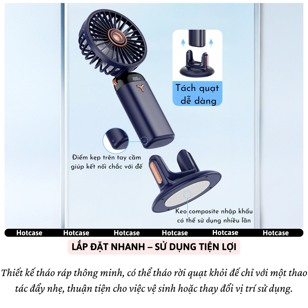 Quạt Cầm Tay, để bàn, gắn tường Turbo công suất cao hiệu HOTCASE Swivel Pin 4000mAh,Đèn Led hiển thị, 05 Cấp Độ Gió, Gió Mạnh, Êm, Pin Khủng, Siêu Nhỏ Gọn, tích điện sạc, mini cầm tay - Hàng nhập khẩu