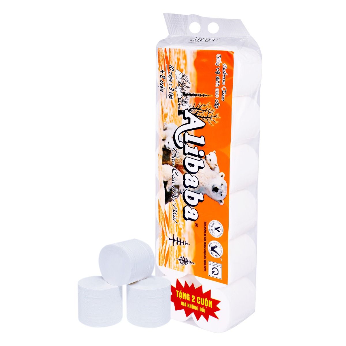GIẤY VỆ SINH GIA ĐÌNH GẤU CAM 12C KHÔNG LÕI - 3 LỚP