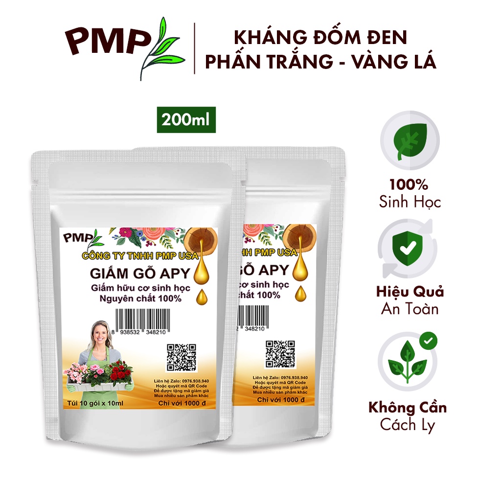 Combo 2 Túi Giấm Gỗ Sinh Học APY PMP Kháng Đốm Lá, Đốm Đen, Vàng Lá, Phấn Trắng Cho Hoa Hồng, Rau Sạch, Lan, Cây Cảnh