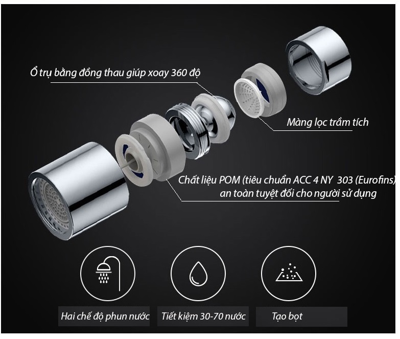 Đầu vòi nước tăng áp, xoay 360 độ, hai chế độ nước N023