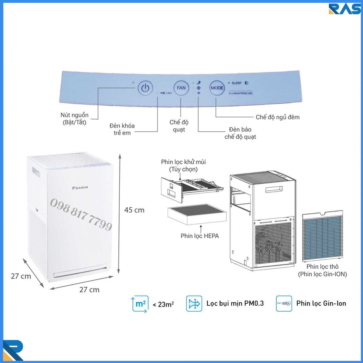 Máy lọc không khí Daikin MCQ30ZVM7 Ba Màu Lọc khí sạch với phin lọc Gin-Ion dành cho phòng 23m2 - Hàng Chính Hãng